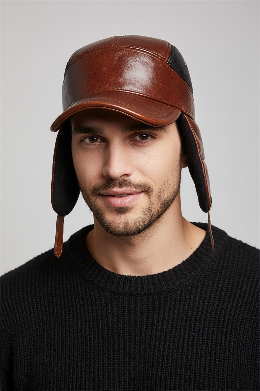 Strawberry Leather Winter Peaked Cap – Adjustable Cowhide