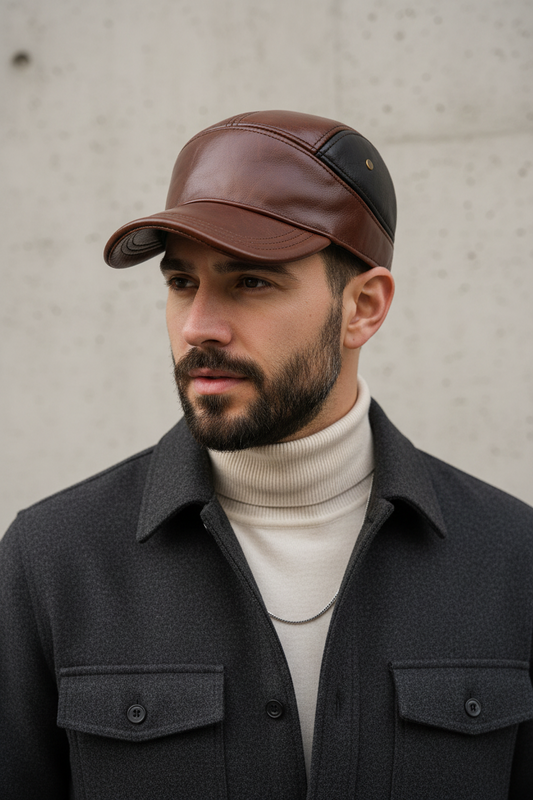 Strawberry Leather Winter Peaked Cap – Adjustable Cowhide