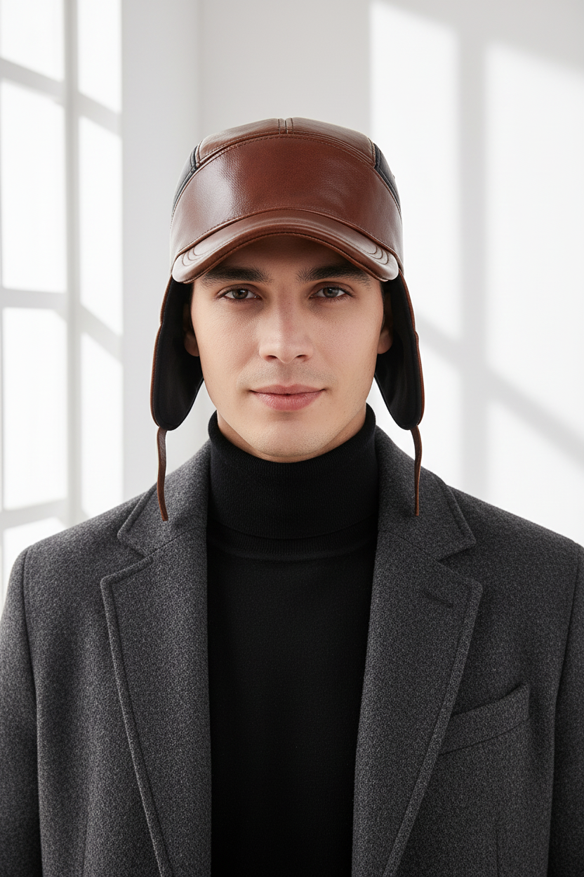 Strawberry Leather Winter Peaked Cap – Adjustable Cowhide