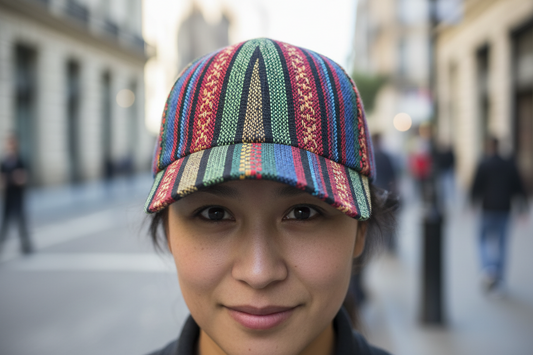 Colorful striped cap on a white background