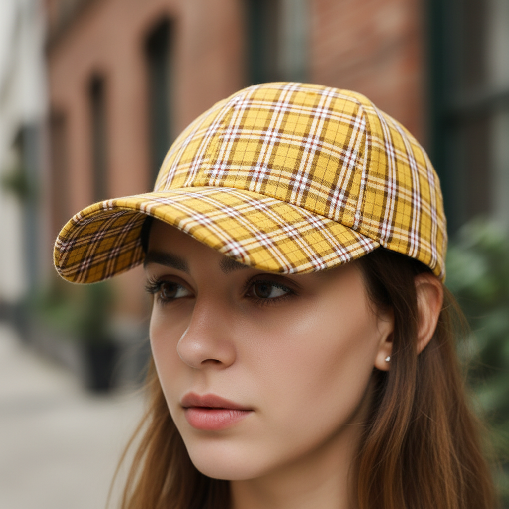 Yellow plaid baseball cap on a white background