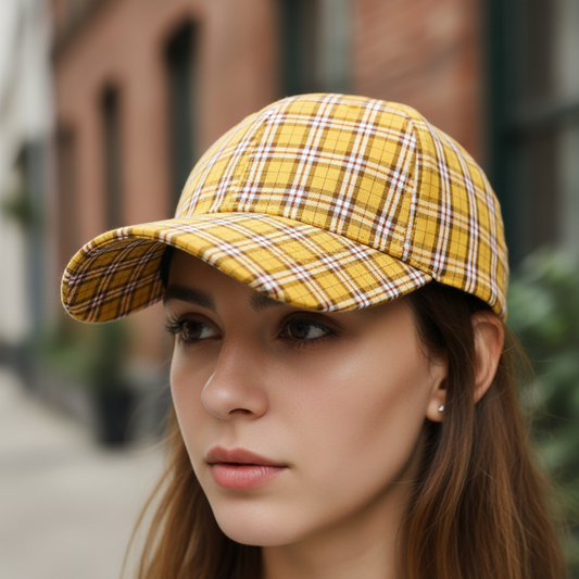 Yellow plaid baseball cap on a white background