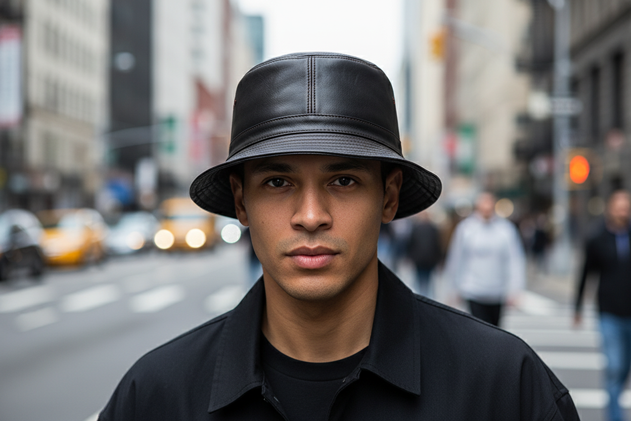 Black leather bucket hat on a white background