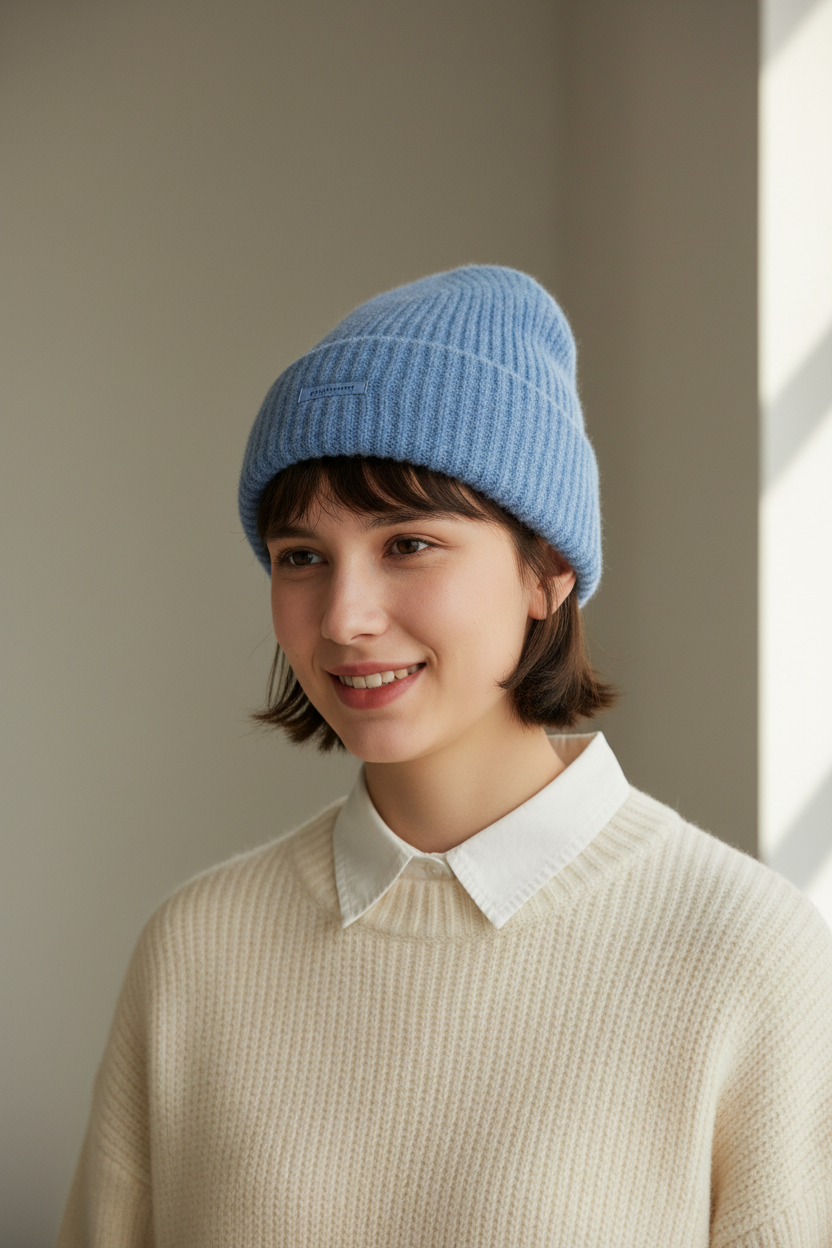 Sapphire Blue & White Knitted Wool Hat