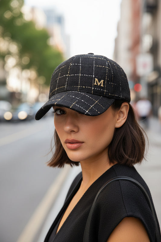 A black and white plaid baseball cap with a satin finish and an English letter 'M' on the front.