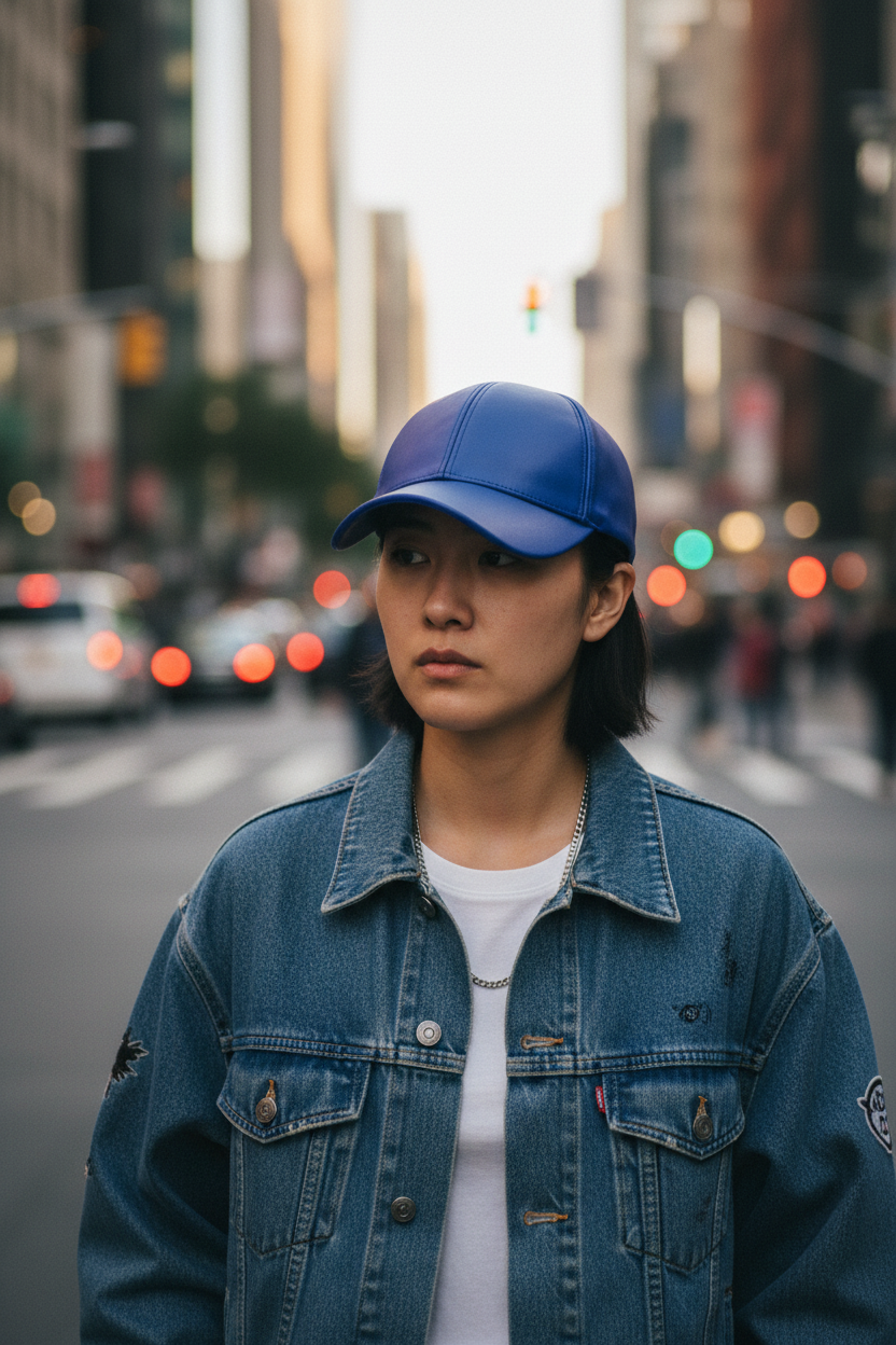 A red leather baseball cap with a round top and big brim.