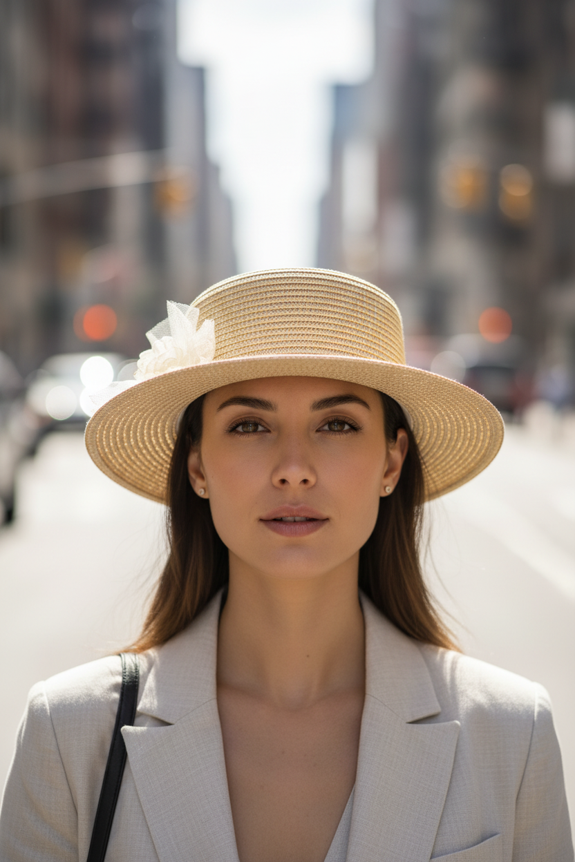 Two straw hats with decorative flowers on a light background