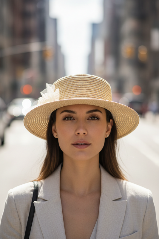 Two straw hats with decorative flowers on a light background