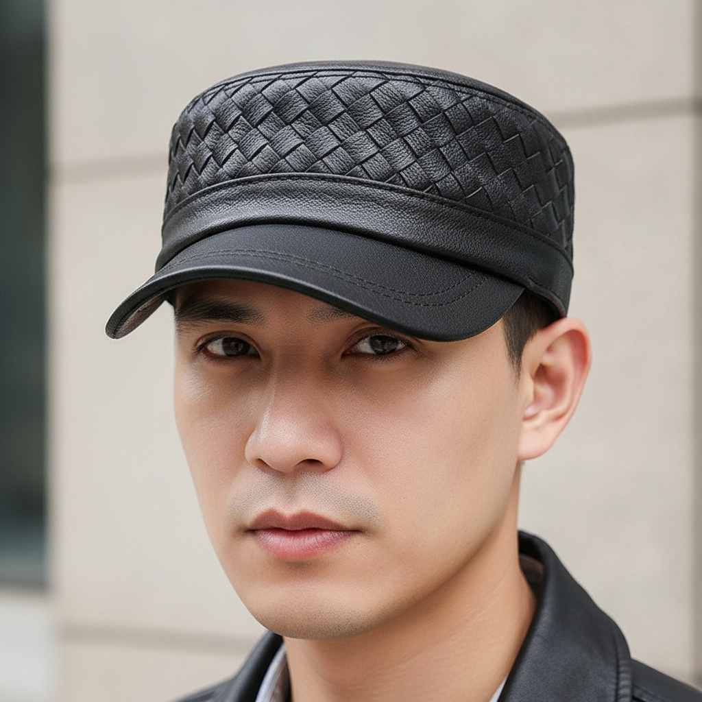 Black woven leather cap on a white background