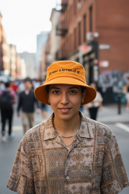 Orange bucket hat with black text on a white background