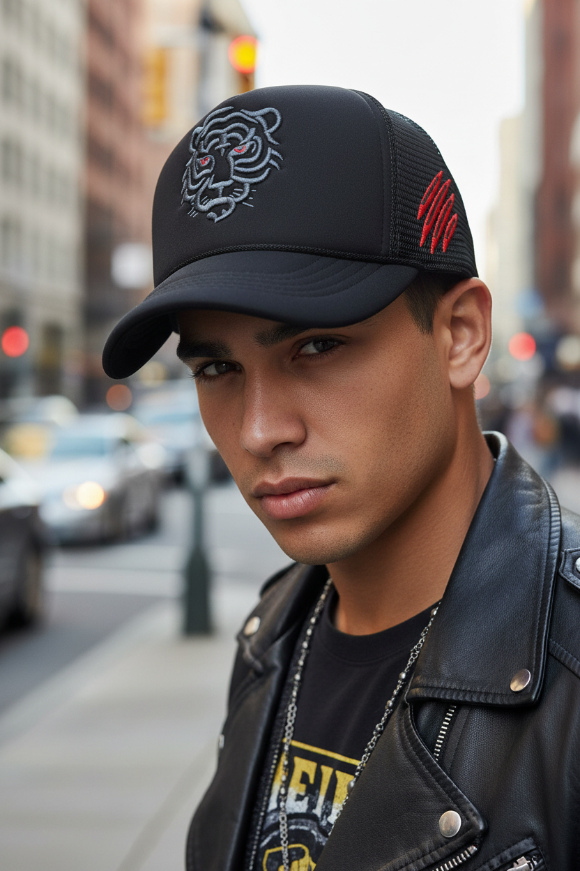 A black baseball cap with a large embroidered tiger head logo on the front and additional embroidery in red on the sides.