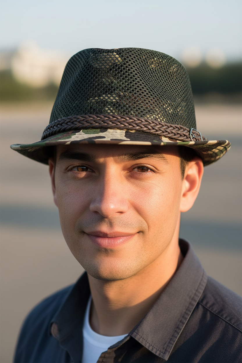 Camouflage-patterned hat with mesh design and braided band on a white background