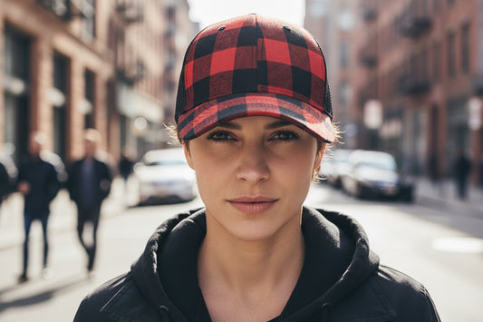 A red and black checkered women's baseball cap with a curved brim and mesh back.
