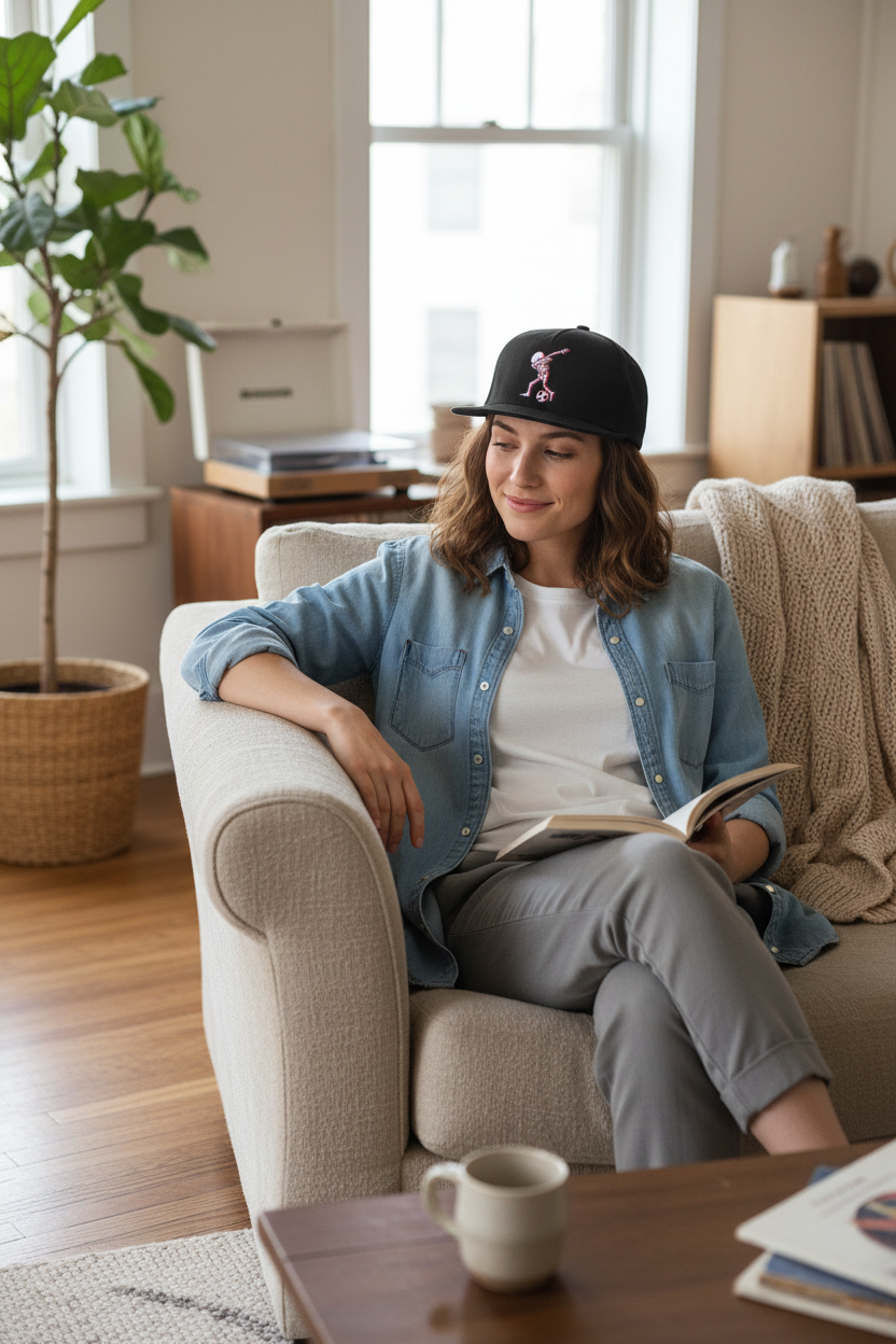 Dab Embroidered Skull Cotton Baseball Cap | Black Flat-Brim Hat