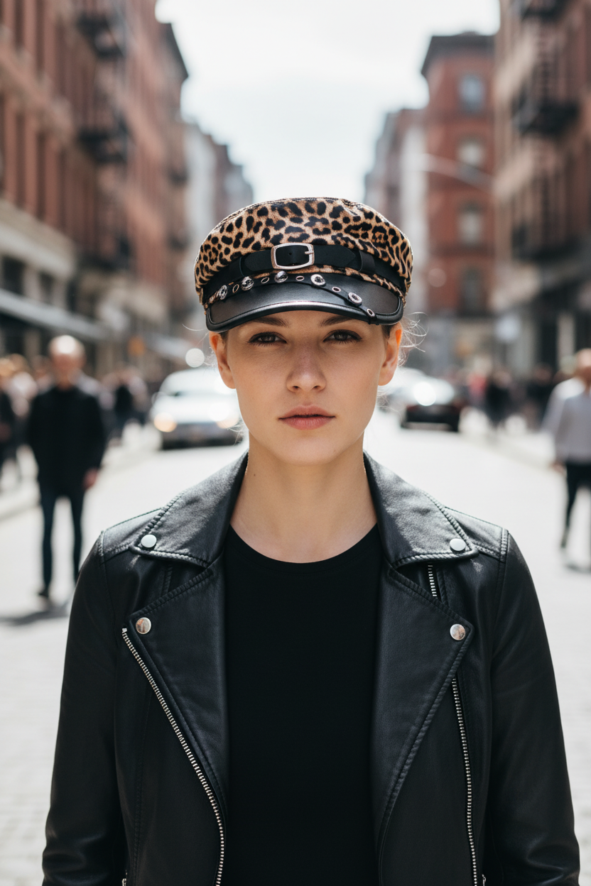 Leopard print cap with black visor on a white background