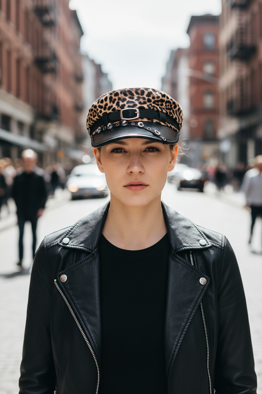 Leopard print cap with black visor on a white background