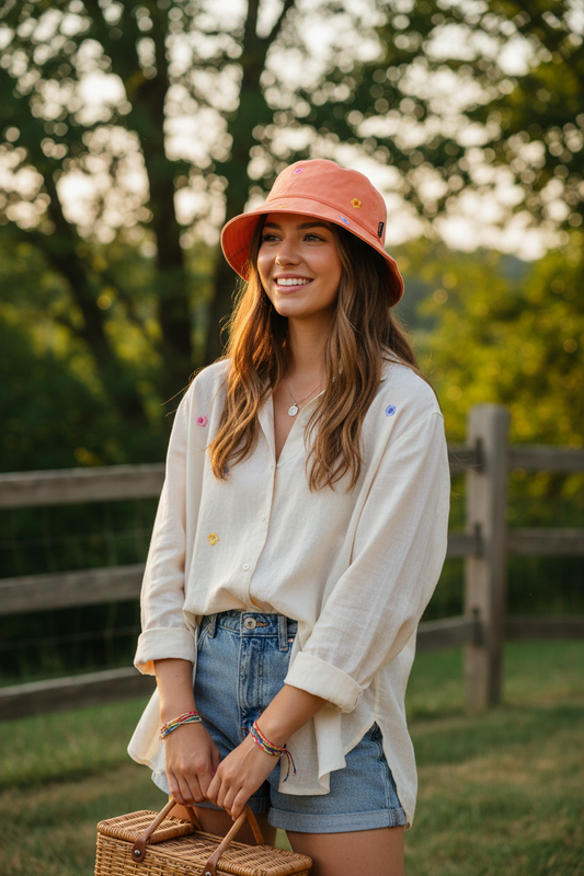 Galveston Flower Embroidered Wide Brim Cotton Bucket Hat
