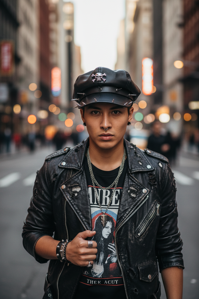 Black leather cap with skull and crossbones design and spikes on a white background