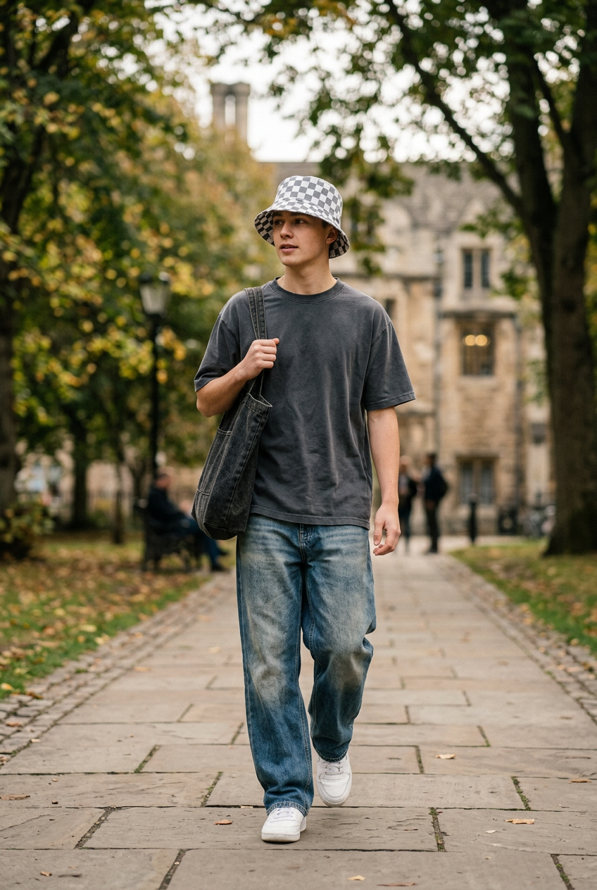 Calvert Checkered Bucket Hat, Flat Top, Medium