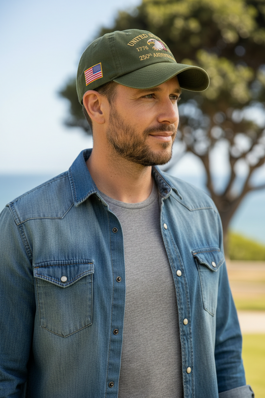 Green cap with 'United States 250th Anniversary' text and American flag on a wooden surface with blurred ocean background