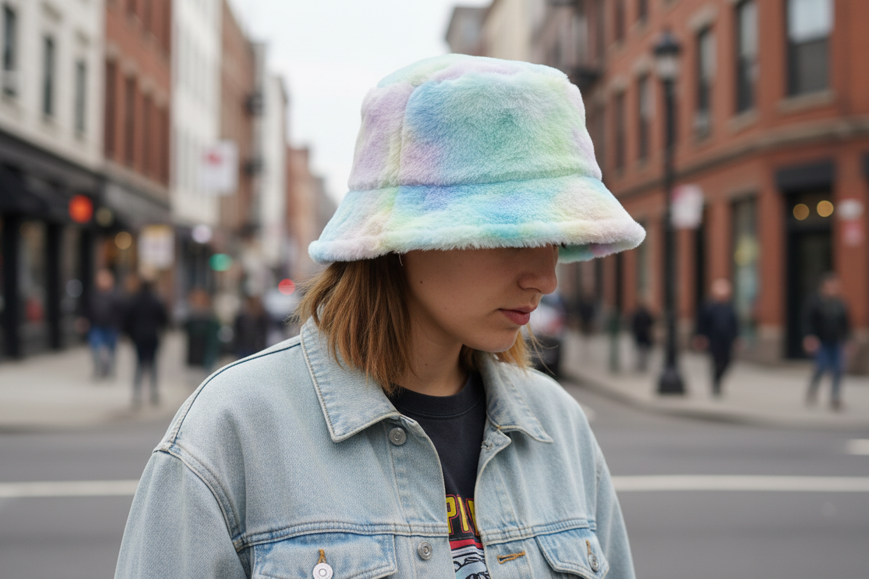 Multicolored tie-dye bucket hat on a light gray background