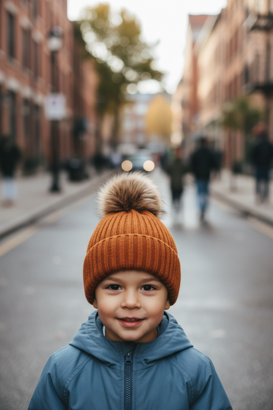 A collection of children's woolen hats with large fur balls, displayed in beige, yellow, brown, and dark pink colors.