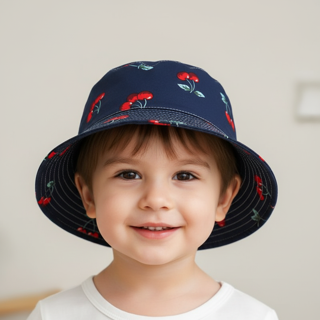 Navy blue bucket hat with cherry pattern on a white background