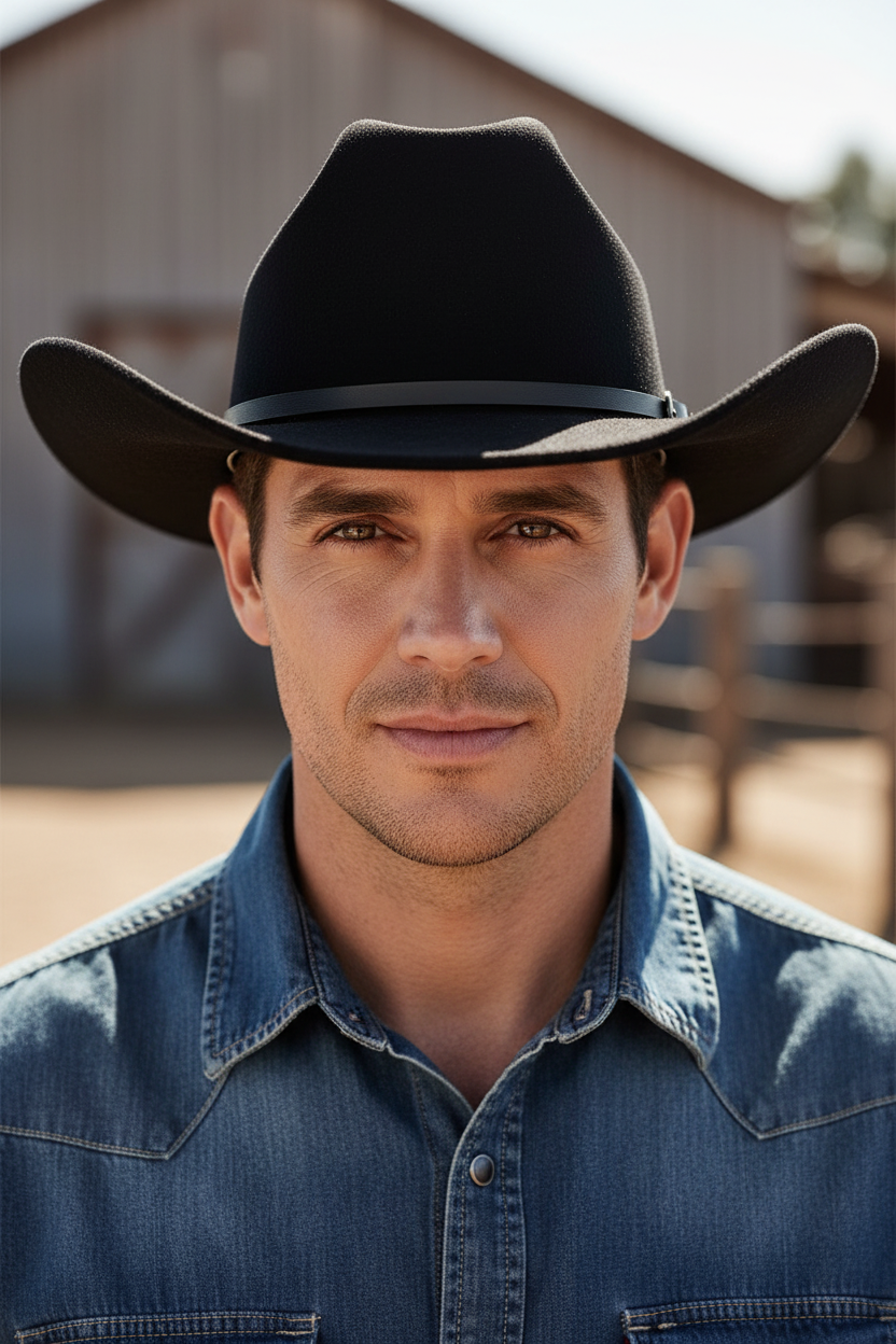 Black cowboy hat with a leather band on a white background