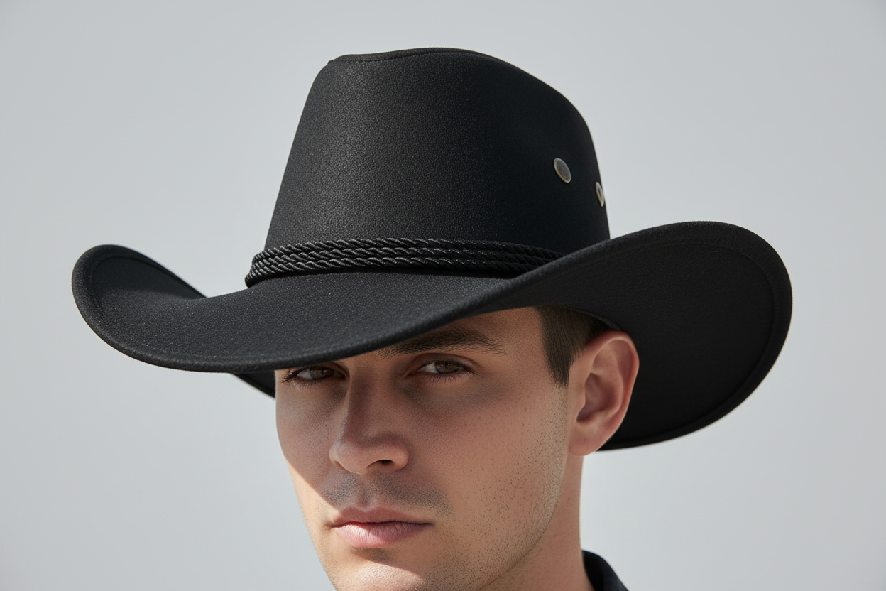 Black cowboy hat with a braided band on a white background