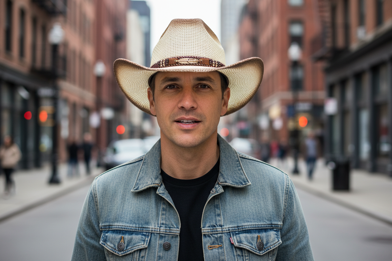 Beige straw cowboy hat with a brown leather band on a white background