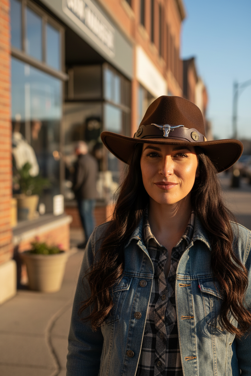 Brown cowboy hat with a leather band featuring a longhorn design on a white background