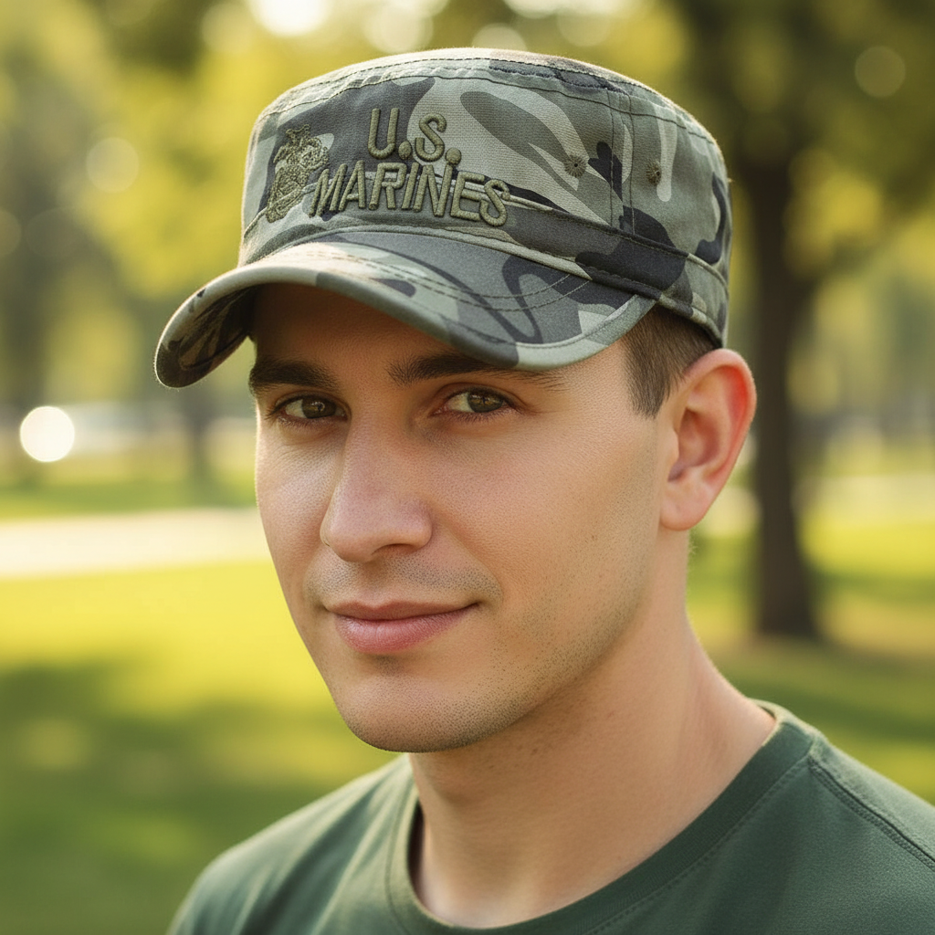 Camouflage U.S. Marines cap on a white background
