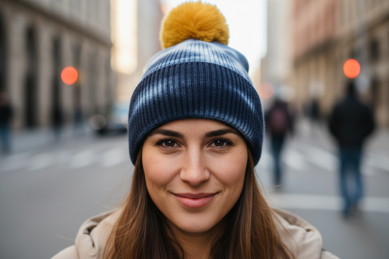 A striped woolen hat with a yellow pom-pom on a mannequin head.