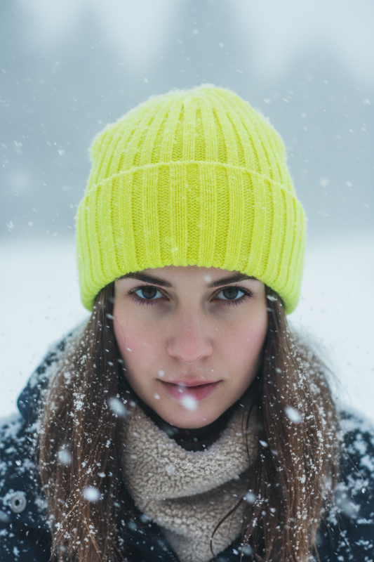 A collection of knitted hats in various solid colors, with a main image showing a black hat with a curly brim.