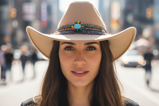 Beige cowboy hat with decorative band on a white background