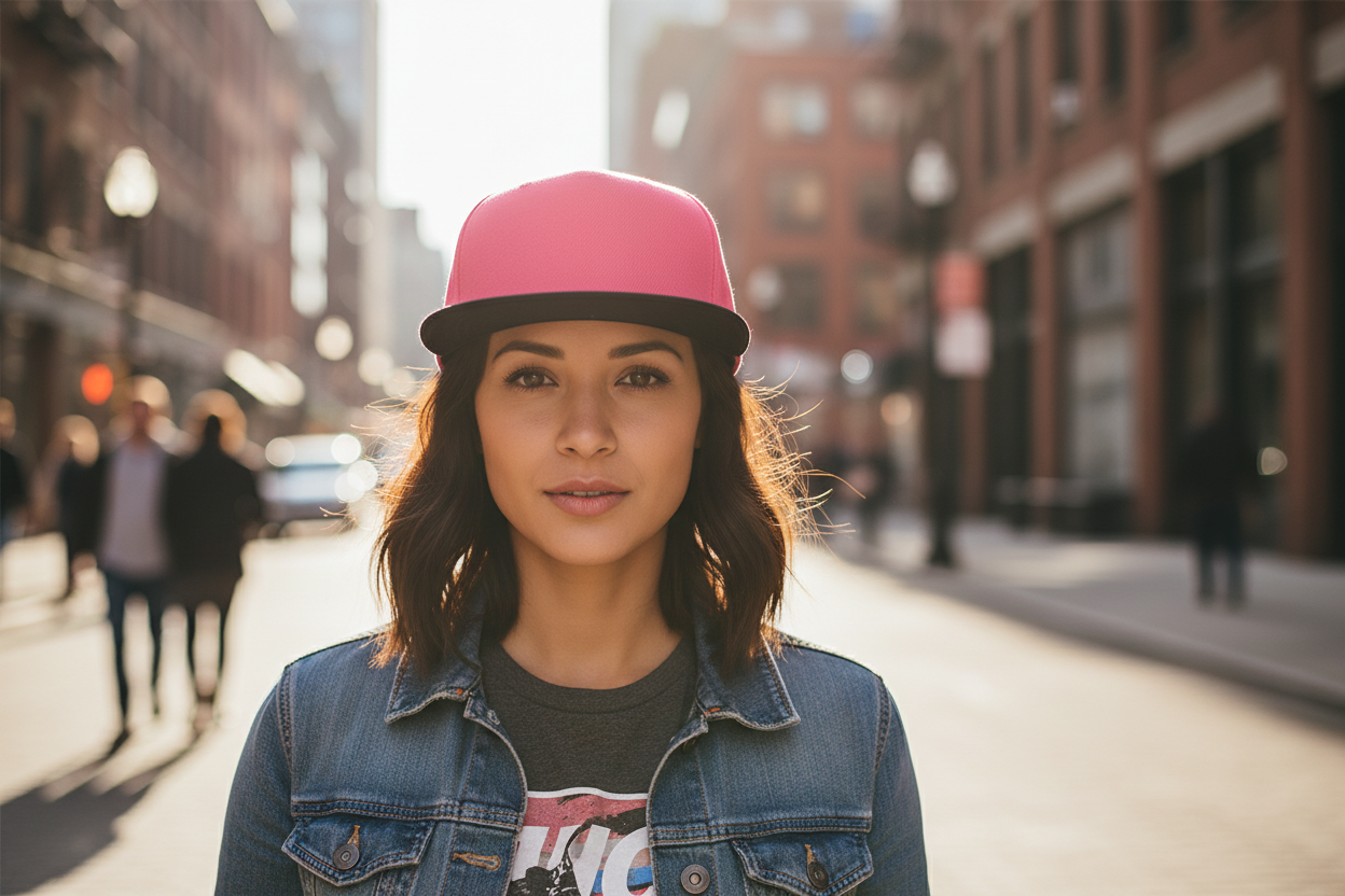 A red and black flat brim baseball cap.