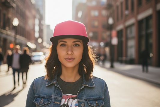 A red and black flat brim baseball cap.