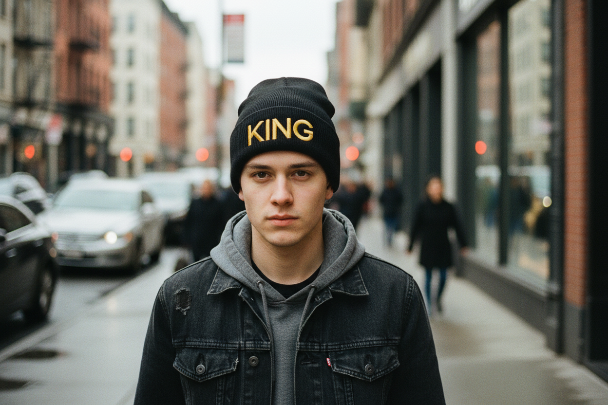 Black beanie with 'KING' embroidered in yellow on a checkered surface.