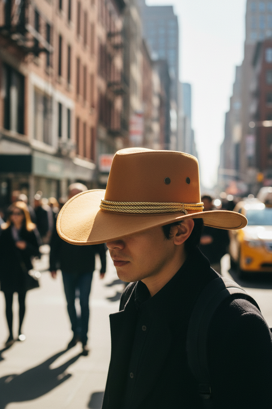 Brown cowboy hat with a gold band on a white background