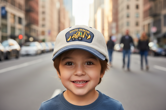 Beige and navy cap with 'HYC-KIDS' logo on a white background