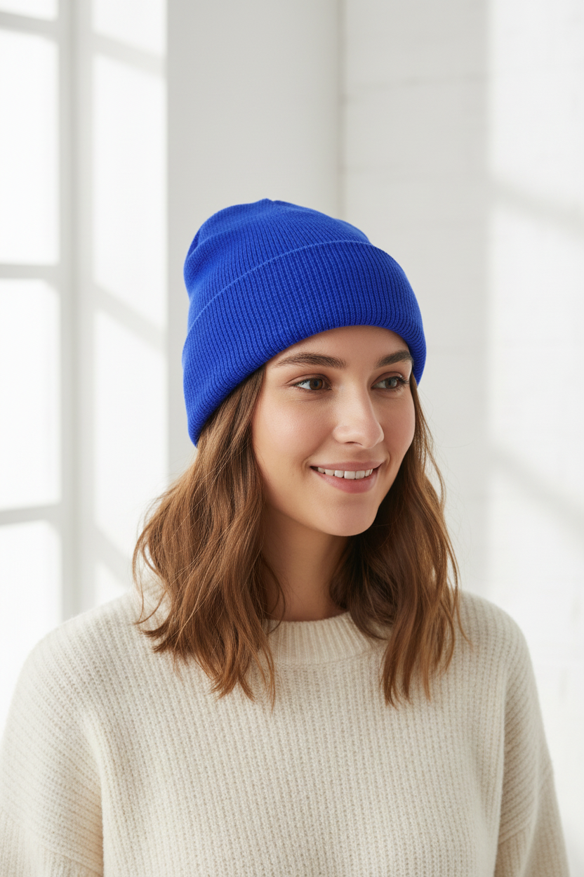 A collection of knitted hats in various solid colors including yellow, green, blue, purple, black, white, pink, red, gray, and brown.