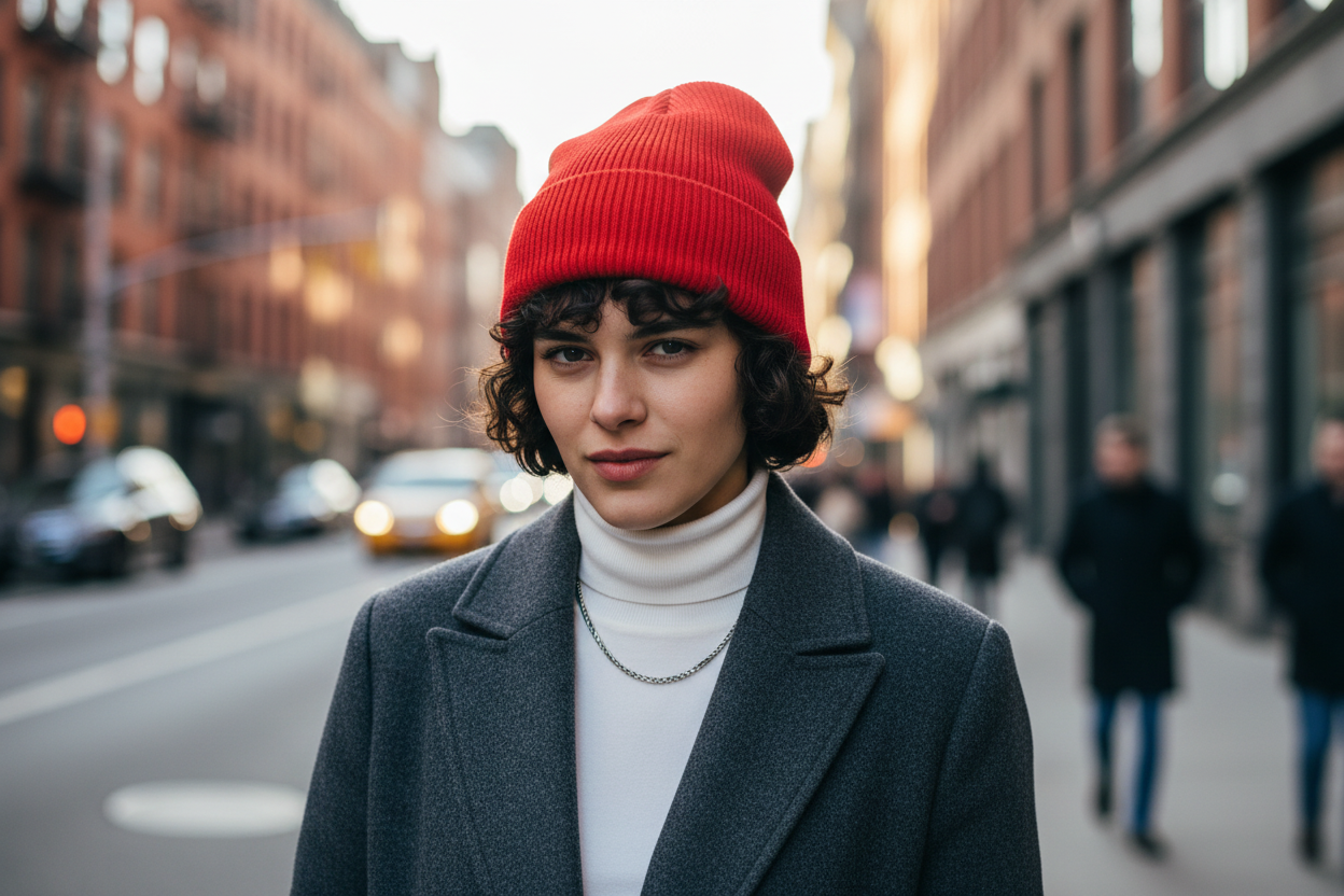 A collection of knitted hats in various solid colors including yellow, green, blue, purple, black, white, pink, red, gray, and brown.