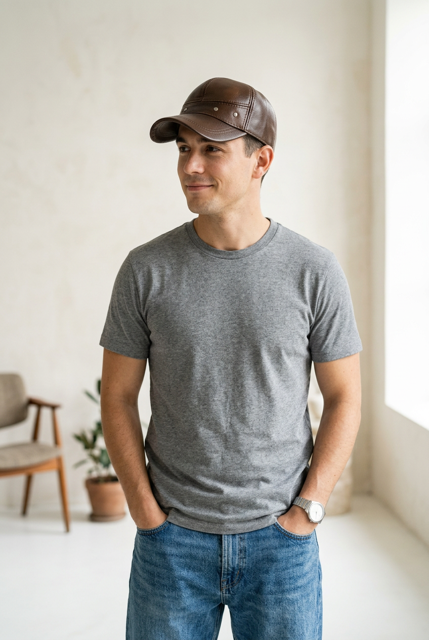 Cartwright Brown Genuine Leather Baseball Cap, Adjustable