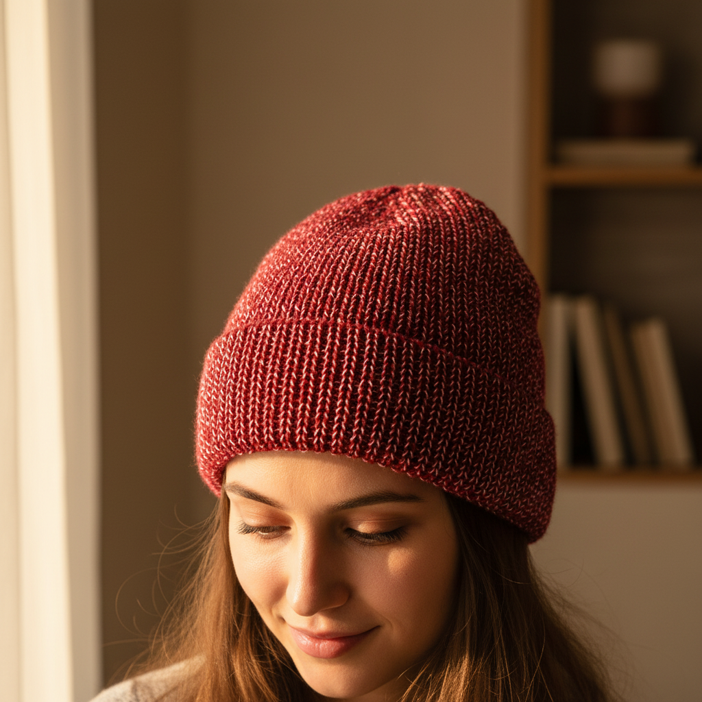 Red knitted beanie on a white surface with a book and toy in the background