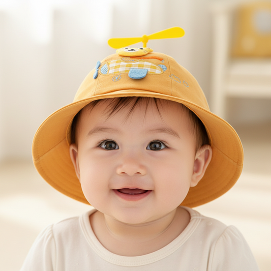 Yellow children's hat with a bear design and propeller on a white background