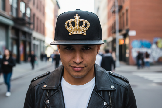 Black cap with a gold crown emblem on a white background