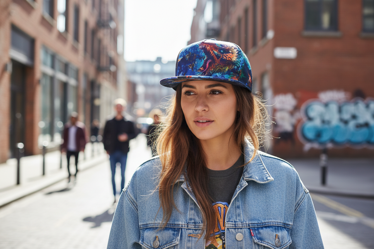Colorful dinosaur graphic on a cap against a white background
