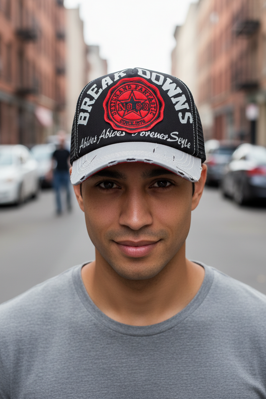 Black and gray cap with red and white logo on a white background
