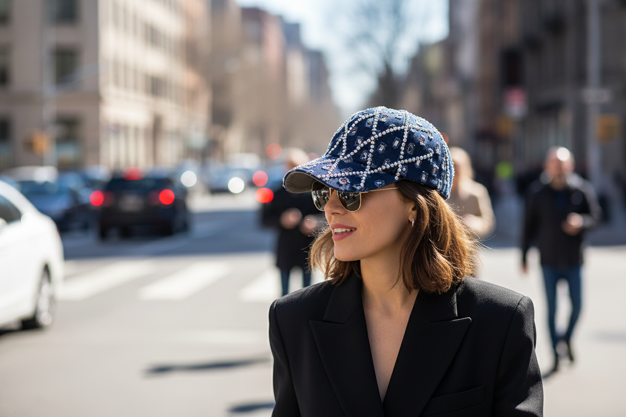 Navy blue cap with white embellishments on a gray background
