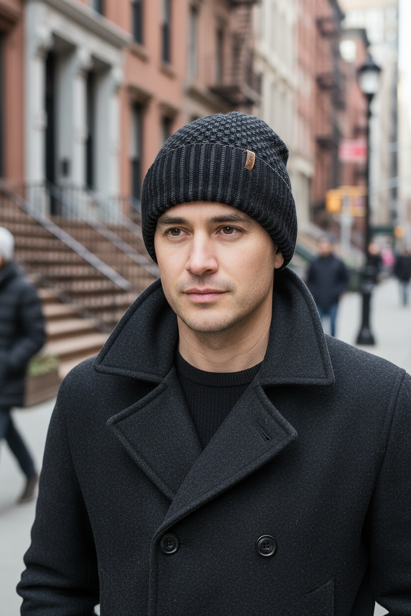 Dark gray knit beanie with a brand label on a white background